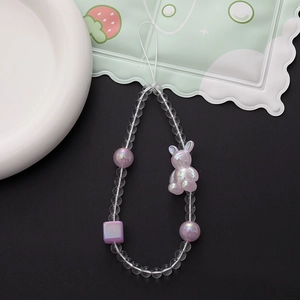 Iridescent rabbit beaded phone strap with clear and purple pearls for hand accessories