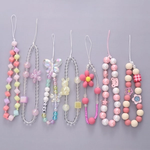 Handmade Beaded Phone Lanyard Acrylic Sweet Rabbit Butterfly Floral Anti Drop Strap Macaron Colorful Kawaii Hand Wrist Mobile Phone Chain Jewelry Accessories