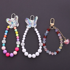 Colorful beaded phone charms with acrylic heart pendants and butterfly clips set