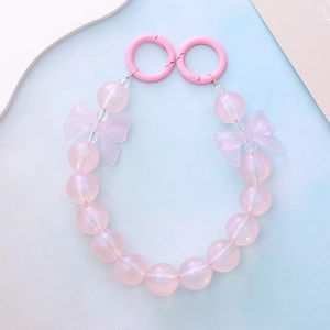 Pink iridescent beaded lanyard with pearly beads and translucent bows for phone or bag