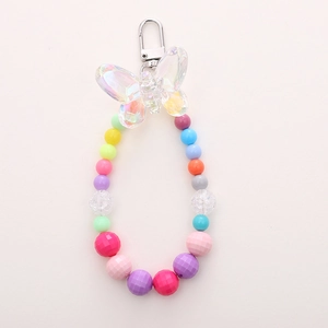 Colorful beaded keychain with iridescent butterfly charm and pastel beads for phone cases