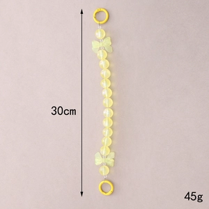 Luminous yellow beaded phone strap with bow charm and ring clasps, 30cm length