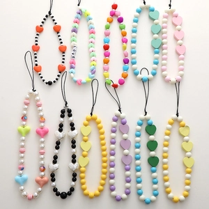 Beaded Phone Chain Heart Shaped Wooden Beads Anti-lost Wrist Strap Cute Artificial Pearl Phone Case Charm For Women Girls Jewelry