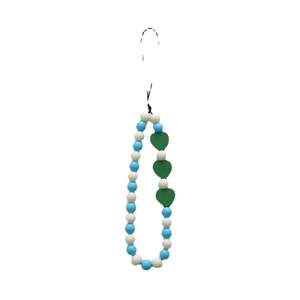 Beaded wrist strap with blue white beads and green wooden heart charms for phone case