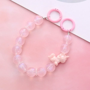 Pink iridescent beaded phone strap with unicorn charm and dual glitter plastic rings