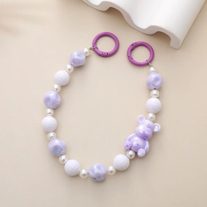 Purple mermaid bead phone chain with iridescent bear pendant and dual spring rings