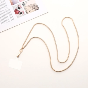 Rose gold snake chain crossbody phone strap with metal clasp and clear connector pad