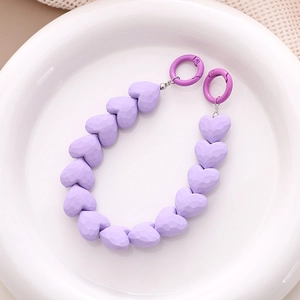 Purple heart-shaped beaded phone charm chain with matte faceted texture and spring clips