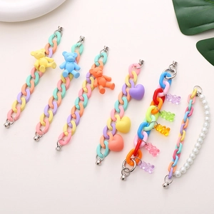 Colorful acrylic bear and heart charm phone chains with matte finish and metal clasps