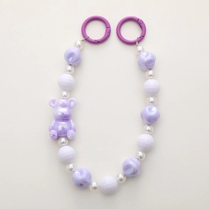 Purple UV bear charm beaded phone strap with iridescent beads and lobster clasp