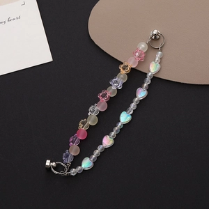 Double-layered beaded phone strap with colorful matte beads and iridescent heart pendants