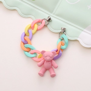 Colorful acrylic matte chain phone strap with cute teddy bear charm and magnetic clasp