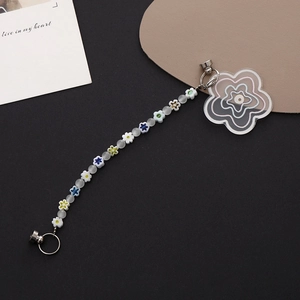 Detail of beaded mobile strap with acrylic flower pendant and matte white beads