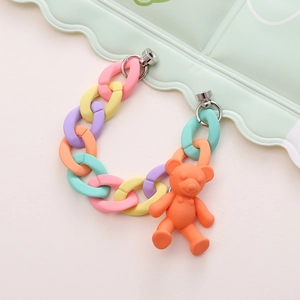 Colorful matte acrylic chain strap with cute orange bear charm and silver metal clasp