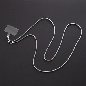 Silver metal snake chain crossbody phone strap with transparent securing patch for cases
