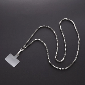 Detail view of silver stainless steel box chain phone strap with metal lobster clasps