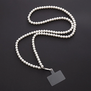 Elegant white faux pearl phone lanyard with silver metal clasp and crossbody strap design