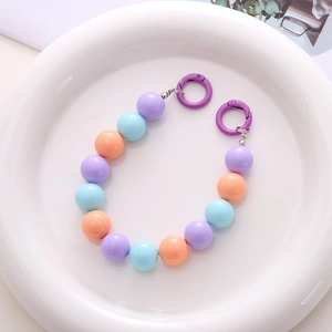 Detail of 16mm colorful acrylic round beads chain with purple spring rings for DIY crafts