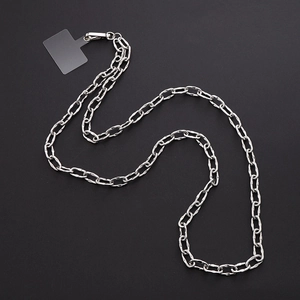 Silver metal chain phone lanyard with twisted links and clear connector pad for crossbody use