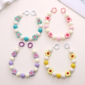 Handmade Acrylic Flower Beaded Phone Lanyard Sweet Pastoral Style Bag Charm Anti-Lost Wrist Strap For Women Teenagers Daily Gift