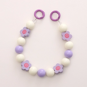 Handmade purple floral beaded phone charm strap with circular spring rings for handbags