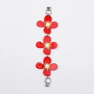 Handmade red flower double chain phone charm with resin petals and yellow floral centers
