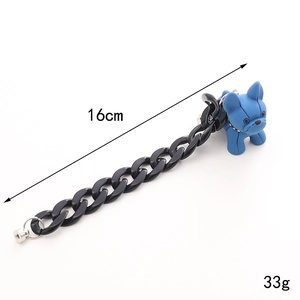Blue French Bulldog charm with matte black chunky chain for phones, length 16cm