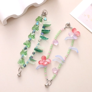 Handmade Beaded Phone Charm Bracelet With Magnetic Buckle Acrylic Butterfly Flower Leaf Phone Case Lanyard Chain For Women Accessories
