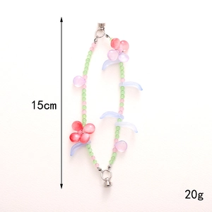 Pink floral beaded phone strap with butterfly glass beads and silver magnetic clasp 15cm