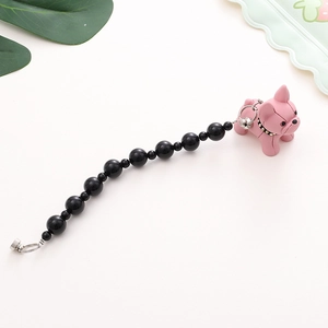 Pink French Bulldog pendant with black resin beads and silver metal clasp keychain