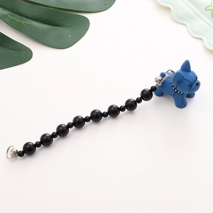 Beaded French Bulldog phone charm with matte blue resin puppy and black glossy pearls
