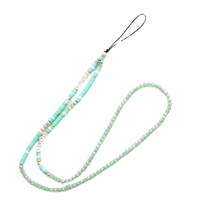 Fashionable mint green crystal beaded phone strap with LOVE letter charms and gold accents