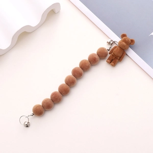 Winter plush brown flocking bear phone chain charm with soft beaded wristlet strap