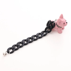 Pink resin bulldog pendant with bold black chain link strap and metal buckle for phones