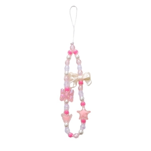 Pink and white beaded phone strap with satin bow and star charms on white background