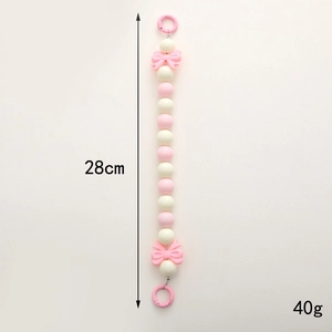 28cm pink and white acrylic beaded phone chain with bow accents and plastic rings