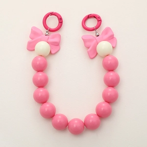 Pink candy color acrylic beaded phone chain with ribbon bow and metal spring ring clasps