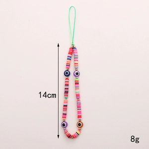 Bohemian evil eye phone charm with colorful clay beads and golden spacers, 14cm length
