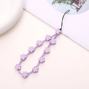 Charming purple beaded flower phone wrist strap with wood beads and black nylon lanyard