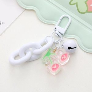 Cute cartoon pink bear cherry keychain with white acrylic chain and bell accessory