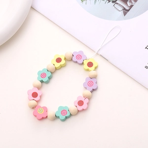 Beaded wooden flower phone wrist strap with pastel macaron beads for security and style