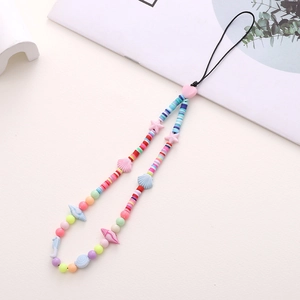Detailed shot of colorful Heishi beads phone charm with heart and star accents on white