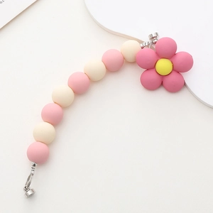 Macaron pink frosted acrylic flower phone strap with silicone beads and metal clip