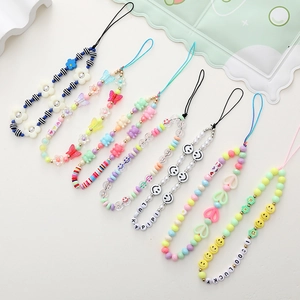 Colorful Beaded Phone Lanyard Cute Acrylic Bear Butterfly Heart Smiley Face Anti-Lost Wrist Strap Hand Chain For Women