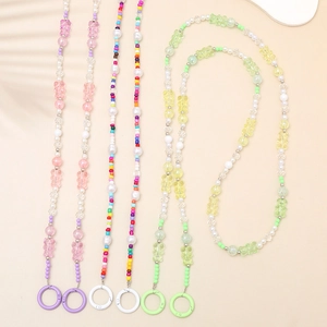 Colorful Beaded Phone Lanyard Crossbody Strap Acrylic Bear Charm Artificial Pearl Phone Chain For Women Shoulder Bag Accessory