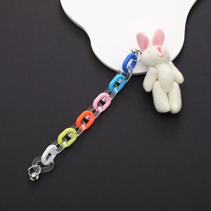 Colorful acrylic link chain accessory with white plush bunny pendant for phone or bags