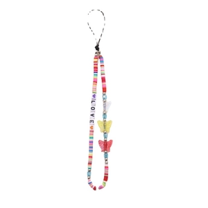 Handmade clay bead phone strap with LOVE letter charms and colorful butterflies on white background