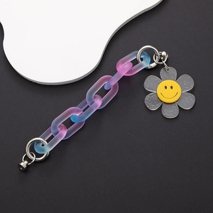 Gradient acrylic phone strap with a smiling flower charm and silver metal rings