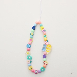 Handmade colorful acrylic bear and fruit beaded phone strap with smiley faces