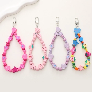 Colorful strawberry and heart wooden bead charms with metal lobster clasp for bags